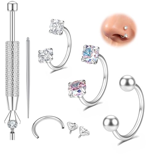 Titanium Horseshoe Nose Ring 20g, Gold Silver Nose Rings Hoops with Double CZ Gems Hypoallergenic Septum Ring for Women Men, Small Cartilage Helix Tragus Daith Labret Piercing Jewelry 7mm 8mm 9mm - color: Silver-Ball+CZ+AB