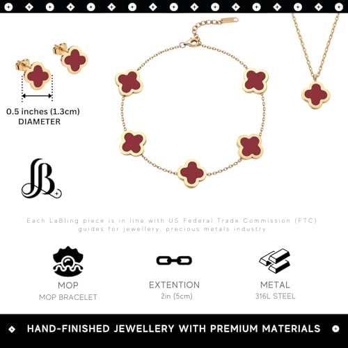 Clover Necklace Pendant Earring Bracelet Set | Designer Necklace Earring Bracelet Jewelry Set | Lovely Gift - color: Red
