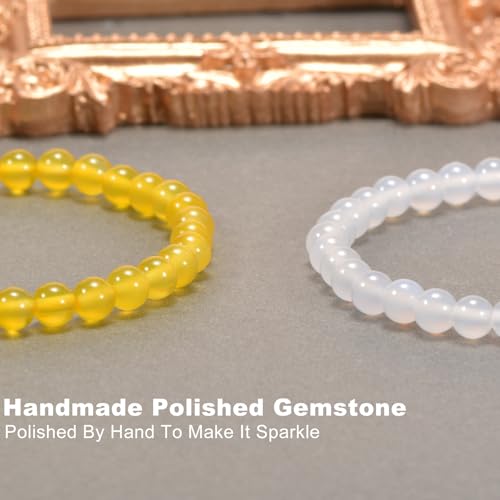 2PCS Agate Bracelet for Women Men Natural Round Beaded Agates Stone Healing Stretch Bracelets Elastic Handmade Polished Gemstone Beads Bracelet - color: White+Yellow, size: 6mm Beads