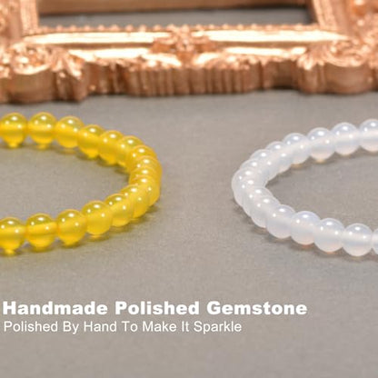 2PCS Agate Bracelet for Women Men Natural Round Beaded Agates Stone Healing Stretch Bracelets Elastic Handmade Polished Gemstone Beads Bracelet - color: White+Yellow, size: 6mm Beads