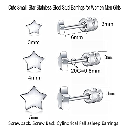 Screw on Earring Backs for Women,Hypoallergenic Surgical Steel Stud Earrings Ball Star Circle Simple Geometric Cartilage Helix Flat Back Piercing Earrings - color: 3pairs,Silver,Star(3-5mm)
