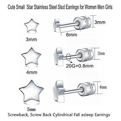 Screw on Earring Backs for Women,Hypoallergenic Surgical Steel Stud Earrings Ball Star Circle Simple Geometric Cartilage Helix Flat Back Piercing Earrings - color: 3pairs,Silver,Star(3-5mm)