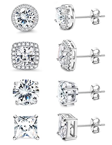 MILACOLATO S925 Sterling Silver Stud Earrings for Women Men Hypoallergenic 18K Gold Plated Cubic Zirconia Earrings Studs Brilliant Simulated Diamond Halo Earring for Sensitive Ears - style: 18K White Gold Plated Earrings - Standard Size CZ