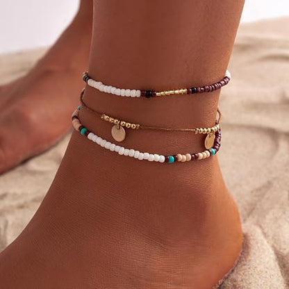 Qceasiy Starfish Ankle Bracelets for Women, Boho Beaded Beach Anklets Set | Gold-plated layered anklets in seashell, disc, and conch styles, with stretch or adjustable fits for summer beach outfits. - color: Brown 1