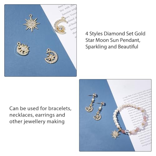 DICOSMETIC 24Pcs 4 Styles Alloy Sun Moon Star Charms Rhinestone Crystal Sun Charms Golden Celestial Charm for Jewelry Making Bracelets Necklace, Hole: 1.4-1.8mm