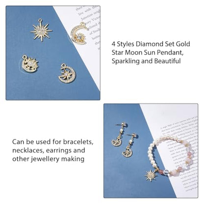 DICOSMETIC 24Pcs 4 Styles Alloy Sun Moon Star Charms Rhinestone Crystal Sun Charms Golden Celestial Charm for Jewelry Making Bracelets Necklace, Hole: 1.4-1.8mm