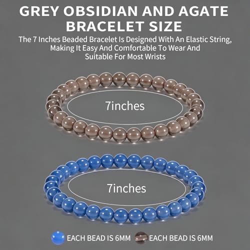 2PCS Agate Bracelet for Women Men Natural Round Beaded Agates Stone Healing Stretch Bracelets Elastic Handmade Polished Gemstone Beads Bracelet - color: Blue+Grey Obsidian, size: 6mm Beads