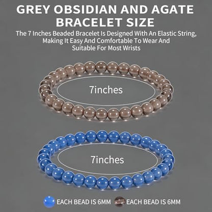 2PCS Agate Bracelet for Women Men Natural Round Beaded Agates Stone Healing Stretch Bracelets Elastic Handmade Polished Gemstone Beads Bracelet - color: Blue+Grey Obsidian, size: 6mm Beads