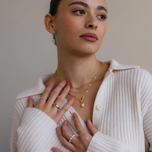 Layered Gold Necklaces for Women, Dainty 14K Gold Plated Cute Pearl Pendant Necklace Jewelry Set Stackable Toggle Chain Choker Collar, Trendy Waterproof Non Tarnish Jewelry Gift - style: Necklace 01-GD