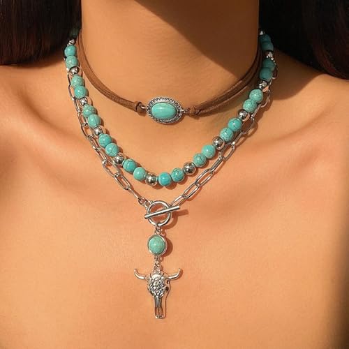 HUASAI Boho Necklaces for Women Dainty Layered Choker Necklace Bohemian Turquoise Necklace Statement Jewelry Western Cowgirl Country Concert Outfits Accessories - color: A-Boho