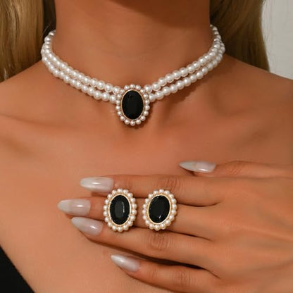 CSIYANJRY99 Pearl Necklace and Earring Set Faux Pearl Jewelry Sets for Women Imitation Beaded Pearl Necklace Bracelet Stud Earrings for Women - color: Blac Zircon Pearl Set