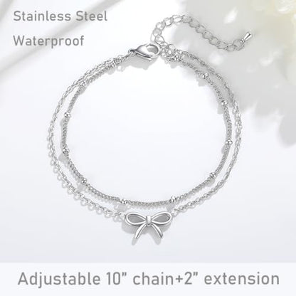 Quietsun Trendy 2 Layers Anklet Bracelets for Women-Waterproof-Adjustable-for General/Big Anklets-Gold/Silver - color: Silver-Plus