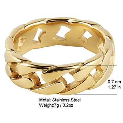 HZMAN Mens Stainless Steel 7mm Wide Band Cuban Link Chain Ring, Silver Gold Black - color: 7mm-Gold