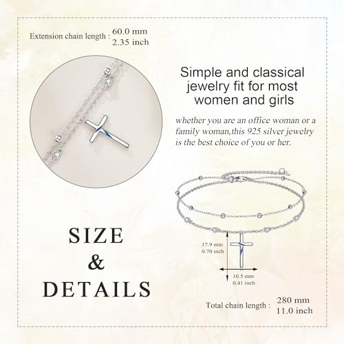 LUHE Cross Ankle Bracelets Sterling Silver Religius Double Chain Anklets Christian Baptism Layered Anklet Jewelry Gifts for Women - style: Elegant cross anklet
