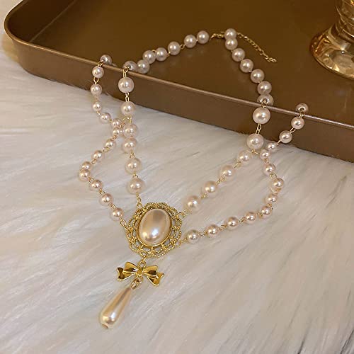 Women Bridal Vintage 1920s Imitation Pearl Necklace Layered Tassels Shiny Bow Choker Necklace Fashion Simple Necklaces for Women Party