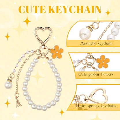 Sureio 5 Pcs Bag Extender Chain Pearl Purse Chain Ribbon Bow Keychain Extender Bag Strap Purse Charms Accessories for Handbag - color: Yellow and Gold