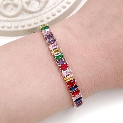 Uloveido 2.5 * 6mm Cubic Zirconia Rectangular Tennis Bracelets for Women | Classic Emerald Cut Faux Diamond Eternity Bracelet Size 6.5-7.5 Inch - color: Rose gold-multi, size: 6.5 inch
