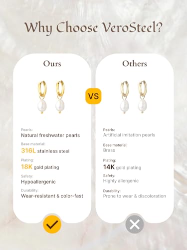 Pearl Earrings VeroSteel Dangle Earrings for Women, Dainty 14k Gold Huggie Hoop Earrings with Pearls, Trendy Pearl Drop Earrings, Stainless Steel Hypoallergenic Stud Earrings For Sensitive Ears - style: Classic