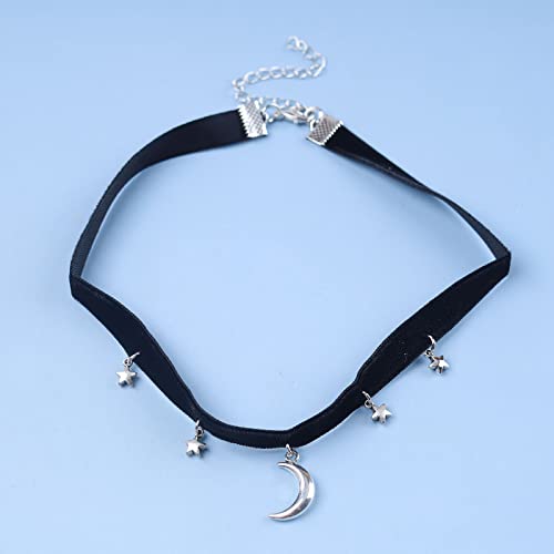 YienDoo Punk Black Velvet Choker Necklace Vintage Silver Tiny Moon Stars Pendant Necklace Suede Rope Chain Choker Gothic Statement Star Crescent Moon Necklace Charm Jewelry for Women