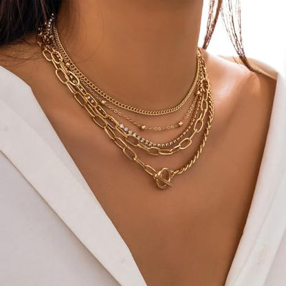 HUASAI Boho Necklaces for Women Dainty Layered Choker Necklace Bohemian Turquoise Necklace Statement Jewelry Western Cowgirl Country Concert Outfits Accessories - color: T Gold Paperclip Chain Necklace