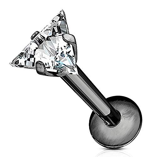 Forbidden Body Jewelry 16g Internally Threaded Surgical Steel Triangle CZ Labret Stud (Pick Color/Length) - color: Black - 5/16" (8mm)