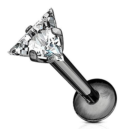 Forbidden Body Jewelry 16g Internally Threaded Surgical Steel Triangle CZ Labret Stud (Pick Color/Length) - color: Black - 5/16" (8mm)