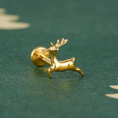 FINE4U Cartilage Christmas Piercing Jewelry 16G 6mm 8mm - ASTM F136 Titanium, Flat Back Labret Stud for Helix Flat Lobe, Elk Minimalist Earring, Squirrel Earrings - color: Deer - Gold