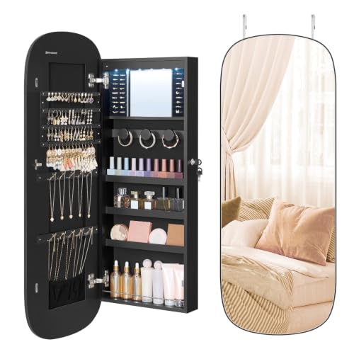SONGMICS Jewelry Organizer, LED Jewelry Cabinet Wall/Door Mounted, Lockable Rounded Wide Mirror with Storage, Interior Mirror, 3.9 x 16.5 x 42.5 Inches, Black Surface with Black Lining - color: Ink Black, size: 42.5"H, style: Rounded Corner Mirror