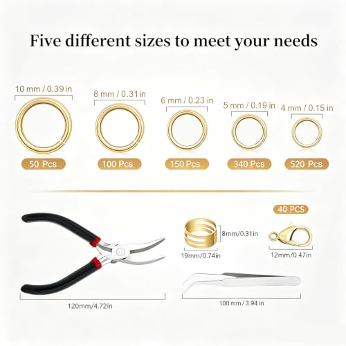 1200 Pcs Jump Rings for Jewelry Making, Open Jump Rings with Pliers, Tweezer and Lobster Clasps for Necklace Repair and Bracelet Making (Gold) - color: Gold