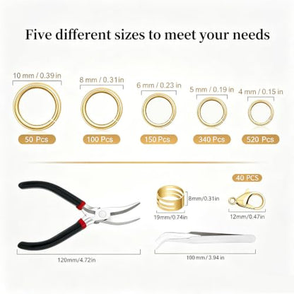 1200 Pcs Jump Rings for Jewelry Making, Open Jump Rings with Pliers, Tweezer and Lobster Clasps for Necklace Repair and Bracelet Making (Gold) - color: Gold