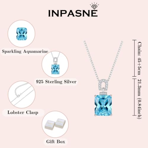 Emerald Cut Birthstone Necklace for Women 925 Sterling Silver | Baguette Birthstone Pendant Necklace, Jewelry for Mom Wife - color: Sea Blue