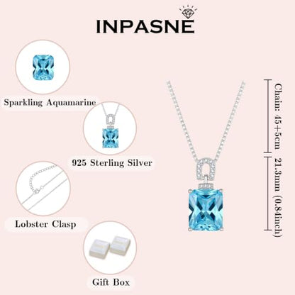 Emerald Cut Birthstone Necklace for Women 925 Sterling Silver | Baguette Birthstone Pendant Necklace, Jewelry for Mom Wife - color: Sea Blue