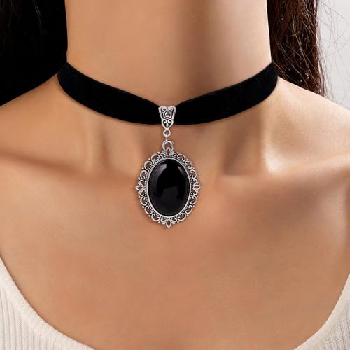 Qceasiy Gothic Black Necklace for Women, Adjustable Victorian Velvet Lace Collar, Halloween Party Cosplay Jewelry Gift - style: Black Gem