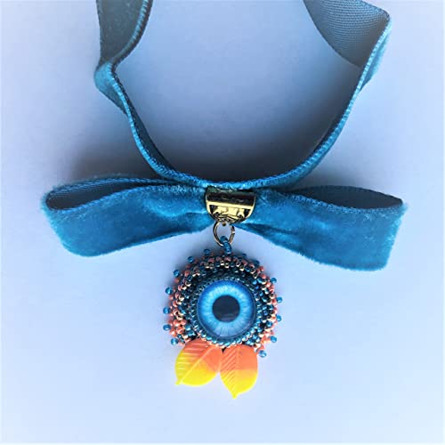 Blue Orange Beadwoven Eye Pendant Choker Velvet Halloween Embroidered Eye Fall Autumn