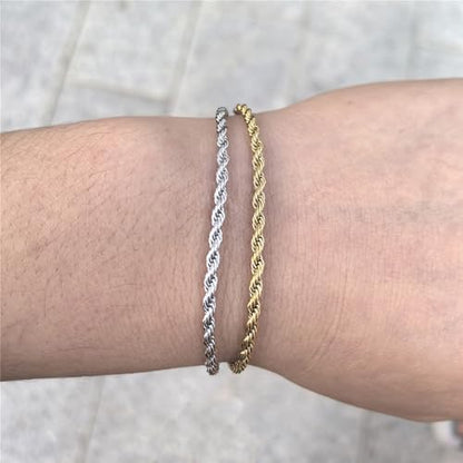 kelistom 18K Gold Silver Tone Rope Link Chain Bracelet for Women Men, 3mm 4mm Braided Rope Chain Bracelets, 7” 7.5” 8.3”, - size: 8.3", style: 3mm-silver