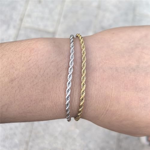 kelistom 18K Gold Silver Tone Rope Link Chain Bracelet for Women Men, 3mm 4mm Braided Rope Chain Bracelets, 7” 7.5” 8.3”, - size: 8.3", style: 4mm-silver
