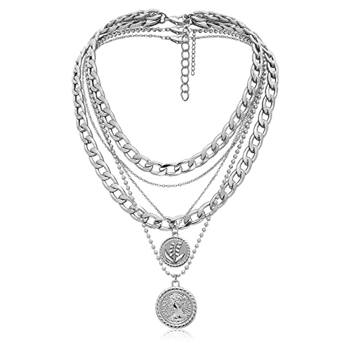 MJartoria Gold Layered Necklaces for Women Trendy Retro Birthflower Coin Pendant Necklace Dainty Chunky Chain Choker Necklaces for Jewelry Birthday Gifts - color: Silvery, style: May Birthflower-Lily