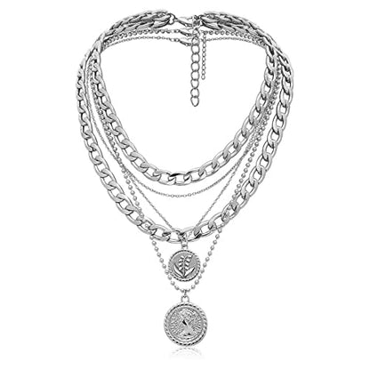 MJartoria Gold Layered Necklaces for Women Trendy Retro Birthflower Coin Pendant Necklace Dainty Chunky Chain Choker Necklaces for Jewelry Birthday Gifts - color: Silvery, style: May Birthflower-Lily
