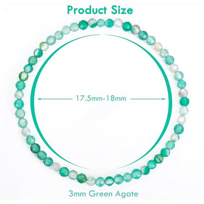BONNY BOXX Natural Genuine Gemstone Faceted Round Beads Bracelets, 3mm Adjustable Stretchy Tiny Faceted Black Tourmaline Bracelet, Healing Crystal Reiki Chakra Dainty Jewelry Fashion Gifts - color: Green Agate