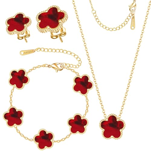 Clover Jewelry Set 3 PC - 18K Gold Plated Stainless Steel Y Necklace Four Leaf Pendant, Clover Link Bracelet Charm, Flower Earrings, Hypoallergenic Non-Tarnish,Simple Luxury Lucky Gifts for Women - color: Red