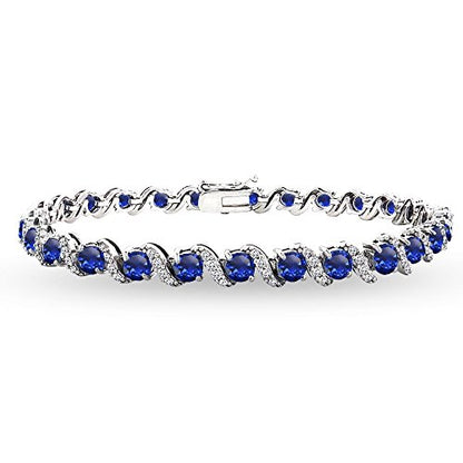 B. BRILLIANT Sterling Silver Genuine, Created or Simulated Gemstone Round S Design Tennis Bracelet for Women - color: Created Blue Sapphire - Sterling Silver