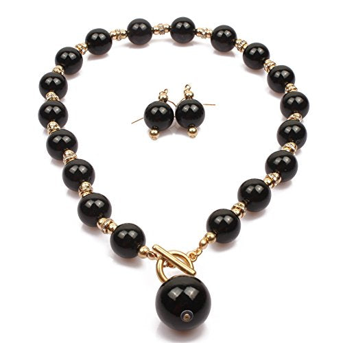 COLORFUL BLING Chunky Multicolor Simulated Pearl Choker Necklace Drop Dangle Earrings Bracelet Set Crystal Bib Big Large Round Beaded Strand for Women Brides Costume Statement 1920s Wedding Jewelry - color: Black