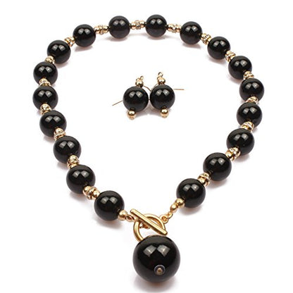 COLORFUL BLING Chunky Multicolor Simulated Pearl Choker Necklace Drop Dangle Earrings Bracelet Set Crystal Bib Big Large Round Beaded Strand for Women Brides Costume Statement 1920s Wedding Jewelry - color: Black