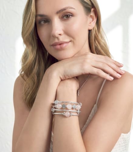 Beaded Pearl Bangle Wrap Bracelet - Fashion Bohemian Jewelry Multilayer Charm Bracelet with Thick Silver Metal Beads, Gift For Women - color: Pink crystal
