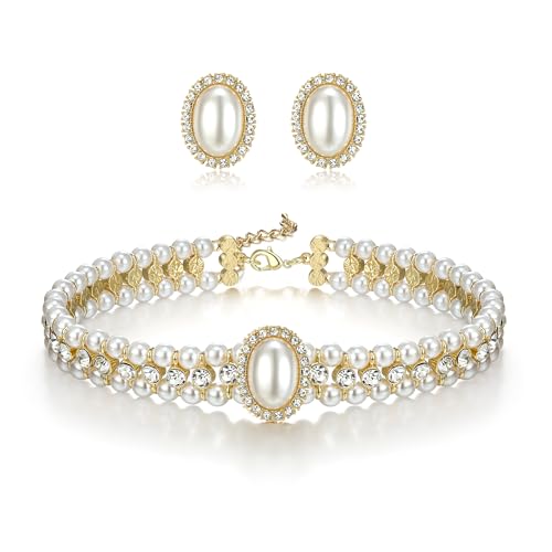 BriLove 1920s Costume Jewelry Set for Women,Vintage Multilayer Simulated Pearl Crystal Necklace Bracelet Earrings Cosplay Party Accessories - style: 2pcs Stud