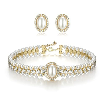 BriLove 1920s Costume Jewelry Set for Women,Vintage Multilayer Simulated Pearl Crystal Necklace Bracelet Earrings Cosplay Party Accessories - style: 2pcs Stud