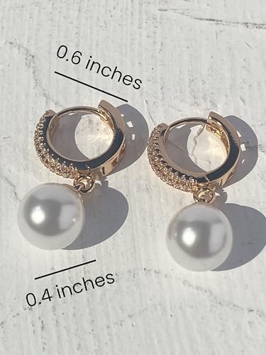 Pearl Drop Hoop Earrings for Women, Gold Plated CZ Pearl Dangle Earrings, 10mm Shell Pearl, Elegant Dainty Earrings for Office Date Night
