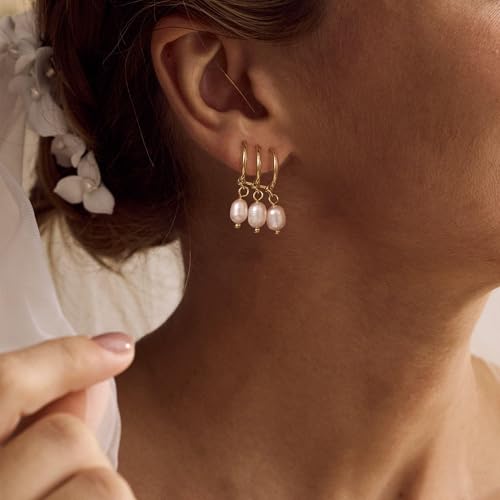 Robaice Pearl Earrings for Women, 14K Gold Plated Dangle Drop Earrings | Small Pearl Drop Huggie Hoop Earrings, Hypoallergenic Dainty Gold Earrings, Wedding Jewelry Gifts for Women Trendy - style: triple huggie pearl earrings