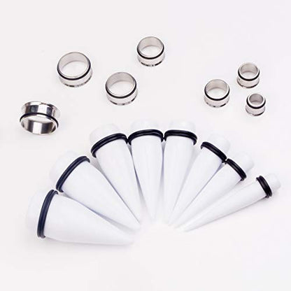 32 PCS 00G - 24mm Ear Taper Kit Gauge Stretching Kit | Hypoallergenic surgical Stainless steel Tapers Tunnels Plugs, body piercing jewelry for women and men - color: White