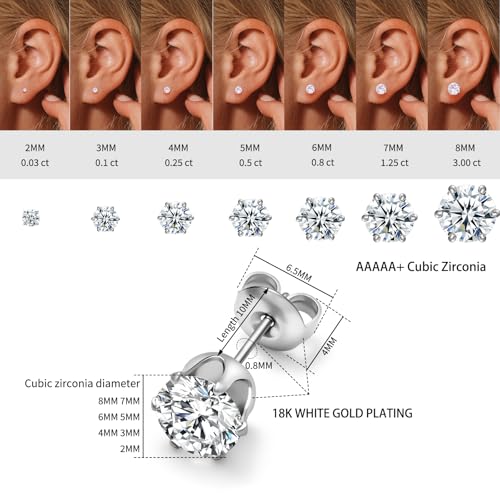 316L Stainless Steel Stud Set for Women Men, 20G Hypoallergenic Cartilage Jewelry with 2mm–8mm CZ Zirconia, Silver & Gold for Sensitive Ear Piercing - color: White Gold-7 Pairs Set